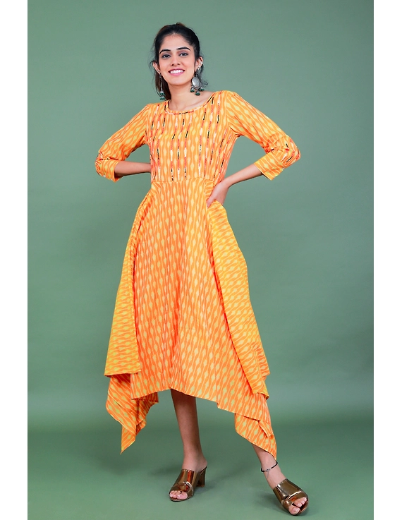Golden yellow semi silk ikat dress with a handkerchief hem: LD500C-LD500C-M