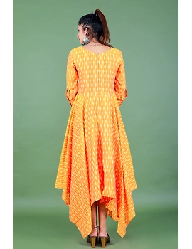 Golden yellow semi silk ikat dress with a handkerchief hem: LD500C-M-3-sm