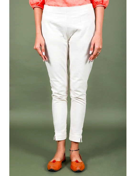 Cream cotton narrow pants with elasticated waist: EP02B-XL-1