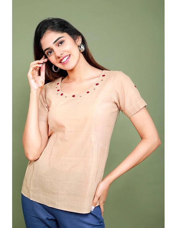 Beige cotton short top with round neck-LB150A-LB150A-XL