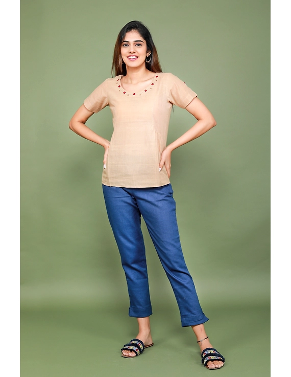 Beige cotton short top with round neck-LB150A-XL-1
