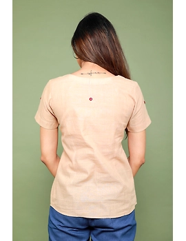 Beige cotton short top with round neck-LB150A-XL-4-sm