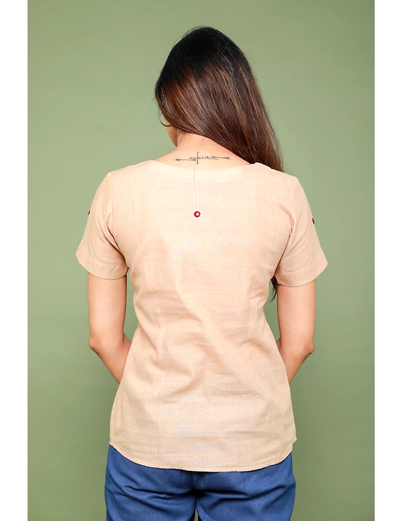 Beige cotton short top with round neck-LB150A-XL-4