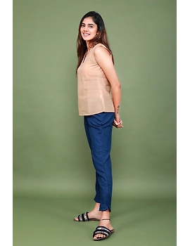 Beige cotton short top with embroidered V neck-LB160A-S-1-sm