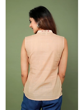 Beige cotton short top with embroidered V neck-LB160A-S-3-sm