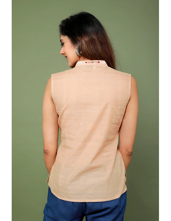Beige cotton short top with embroidered V neck-LB160A-S-3