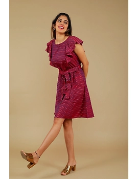 Purple ikat short dress with front frills:LD660A-L-2-sm