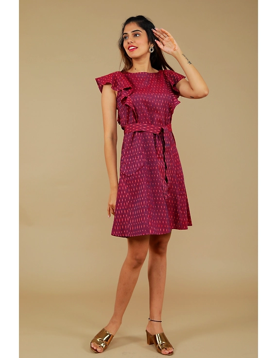 Purple ikat short dress with front frills:LD660A-L-3