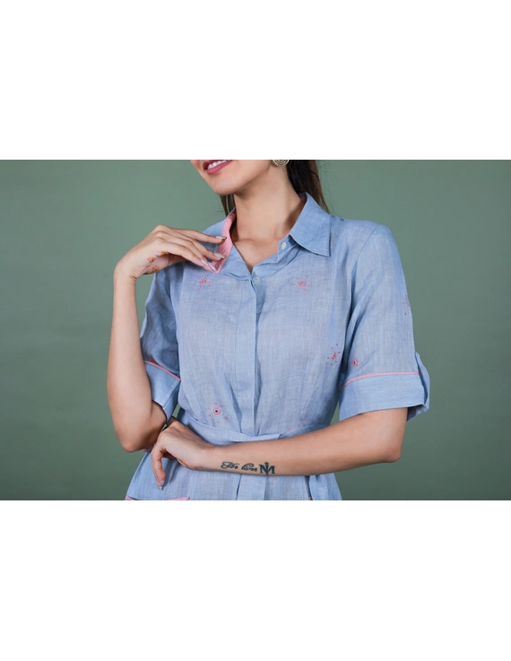 Linen hand embroidered collar dress in aqua blue:LD700A-XXL-3