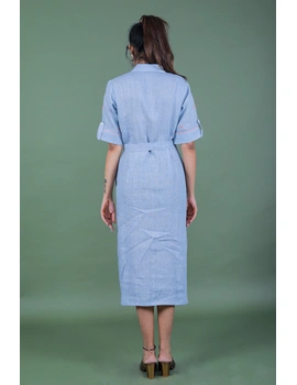 Linen hand embroidered collar dress in aqua blue:LD700A-XL-4-sm