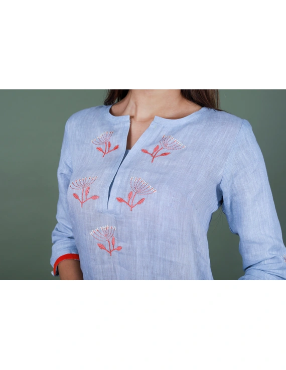 Light blue dandelion motif embroidered kurta in pure linen-LK420A-XL-1