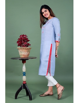Light blue dandelion motif embroidered kurta in pure linen-LK420A-L-2-sm