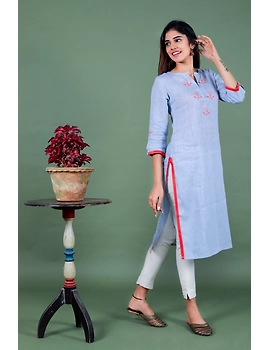 Light blue dandelion motif embroidered kurta in pure linen-LK420A-L-3-sm