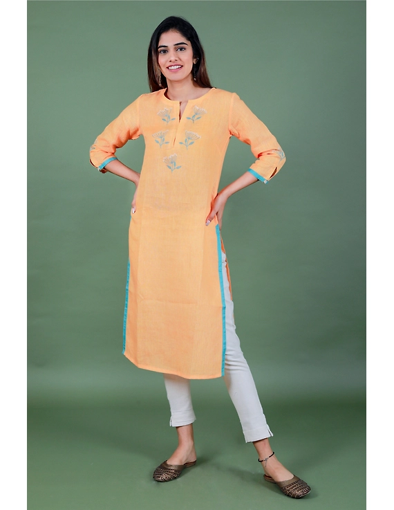 Yellow dandelion motif embroidered kurta in pure linen-LK420B-LK420B-S