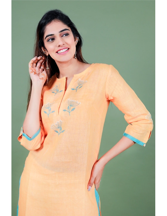 Yellow dandelion motif embroidered kurta in pure linen-LK420B-S-1