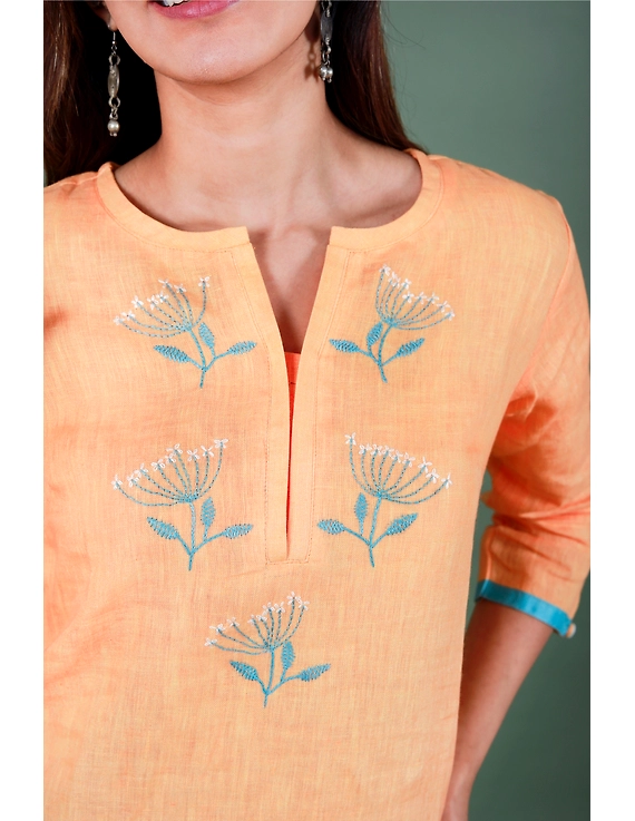 Yellow dandelion motif embroidered kurta in pure linen-LK420B-S-2