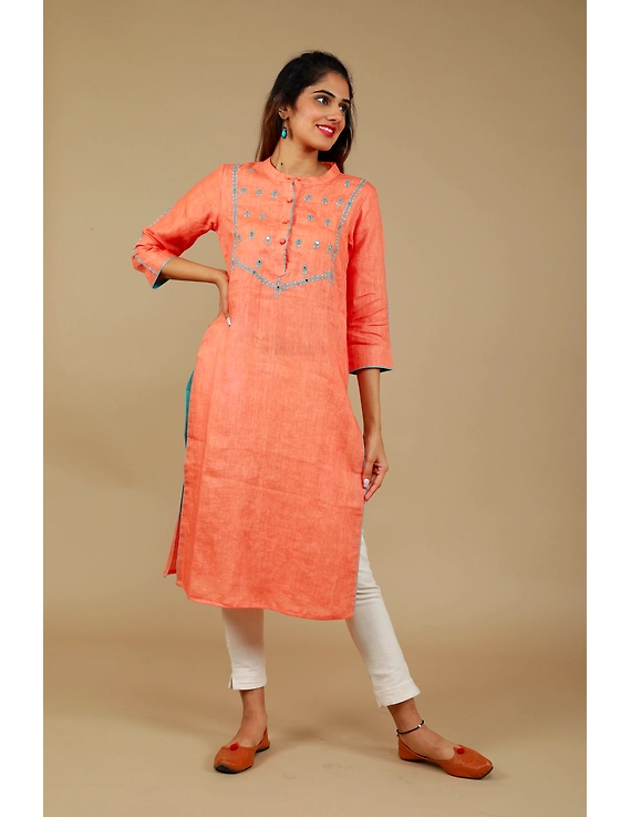 Banjara yoke kurta in peach linen fabric-LK430A-LK430A-S
