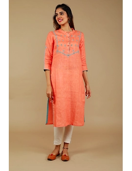Banjara yoke kurta in peach linen fabric-LK430A-S-1-sm