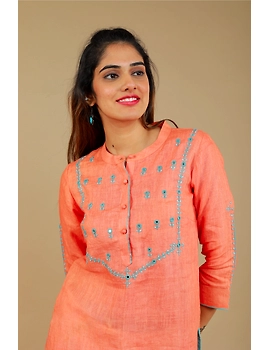 Banjara yoke kurta in peach linen fabric-LK430A-S-2-sm
