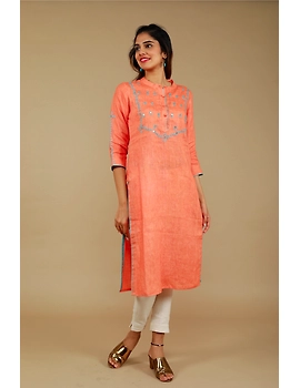 Banjara yoke kurta in peach linen fabric-LK430A-S-4-sm