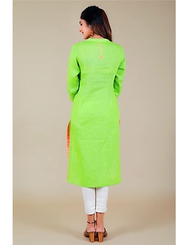 Banjara yoke kurta in mehendi green linen fabric-LK430B-S-4-sm