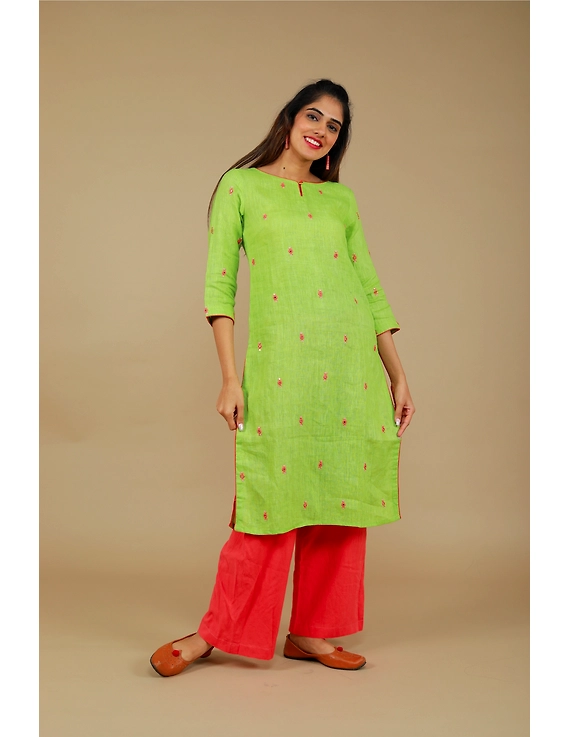 All over mirror embroidered kurta in green linen fabric-LK440A-S-2