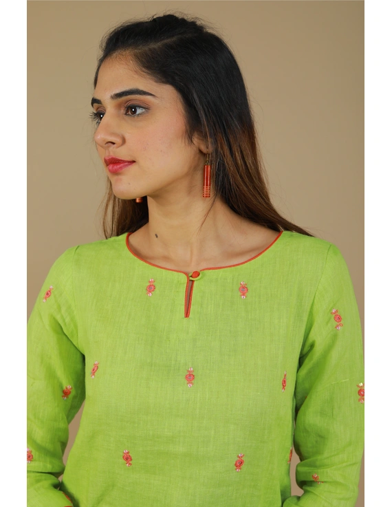 All over mirror embroidered kurta in green linen fabric-LK440A-XL-1