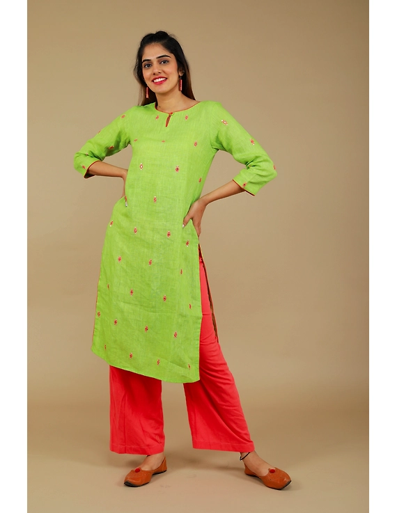 All over mirror embroidered kurta in green linen fabric-LK440A-LK440A-S