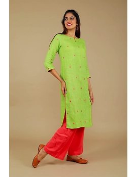 All over mirror embroidered kurta in green linen fabric-LK440A-S-3-sm