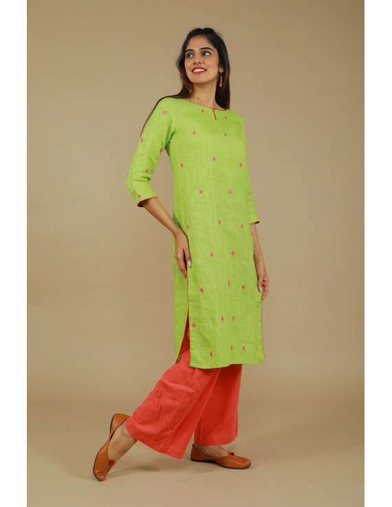 All over mirror embroidered kurta in green linen fabric-LK440A-XL-3