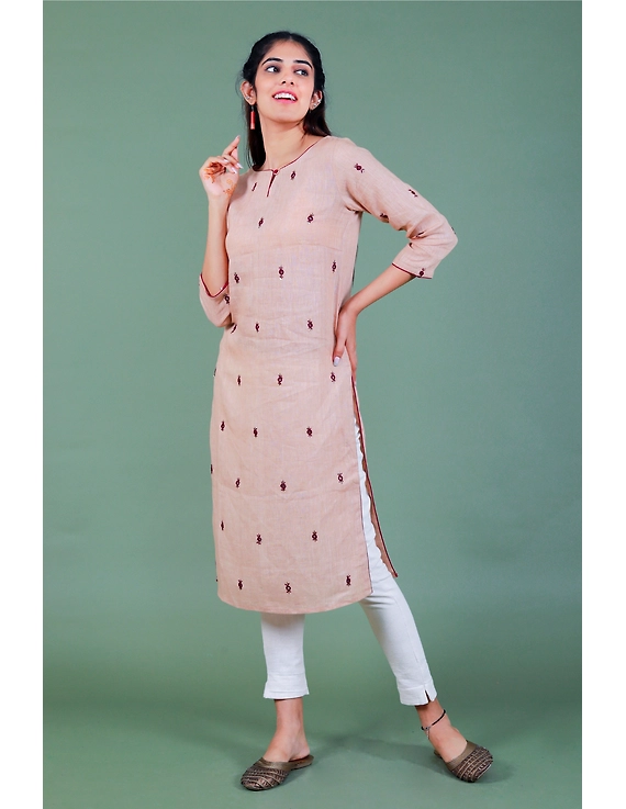 All over mirror embroidered kurta in old rose linen fabric-LK440B-LK440B-S