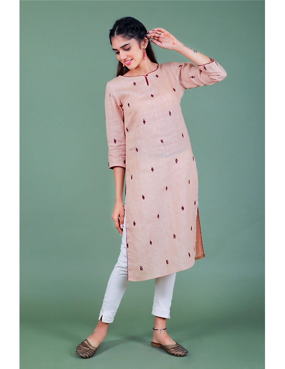 All over mirror embroidered kurta in old rose linen fabric-LK440B-S-1