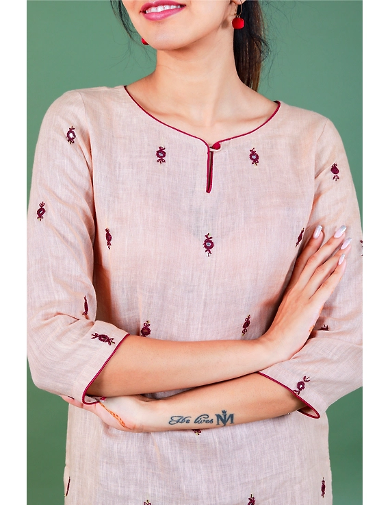 All over mirror embroidered kurta in old rose linen fabric-LK440B-S-2