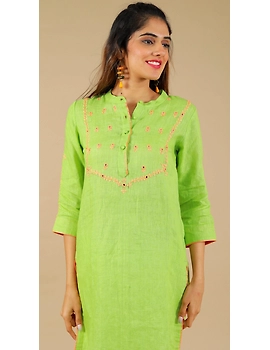 Banjara yoke kurta in mehendi green linen fabric-LK430B-S-2-sm