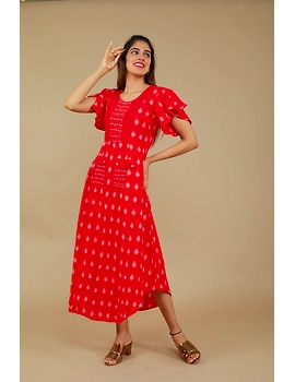 RED IKAT PLEATED DRESS WITH HAND EMBROIDERED POCKETS AND YOKE: LD550A-LD550A-S-sm
