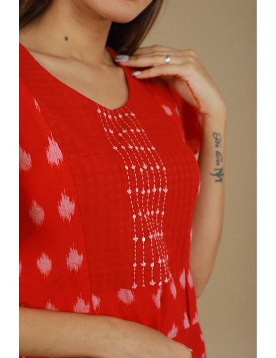 RED IKAT PLEATED DRESS WITH HAND EMBROIDERED POCKETS AND YOKE: LD550A-L-1