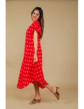 RED IKAT PLEATED DRESS WITH HAND EMBROIDERED POCKETS AND YOKE: LD550A-S-2-sm