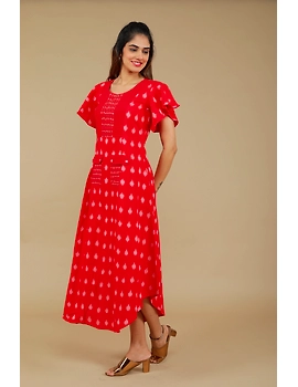RED IKAT PLEATED DRESS WITH HAND EMBROIDERED POCKETS AND YOKE: LD550A-S-3-sm