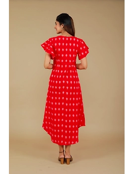 RED IKAT PLEATED DRESS WITH HAND EMBROIDERED POCKETS AND YOKE: LD550A-S-4-sm