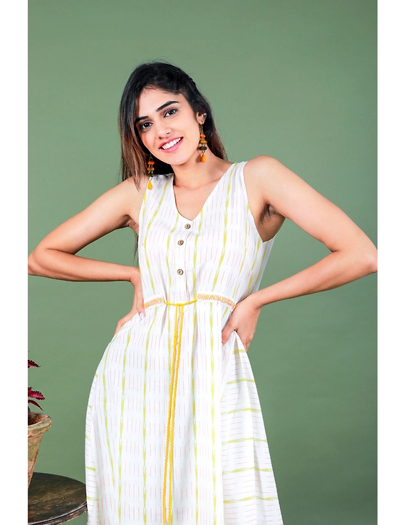 Sleeveless white ikat dress with embroidered belt:LD640A-XXL-1