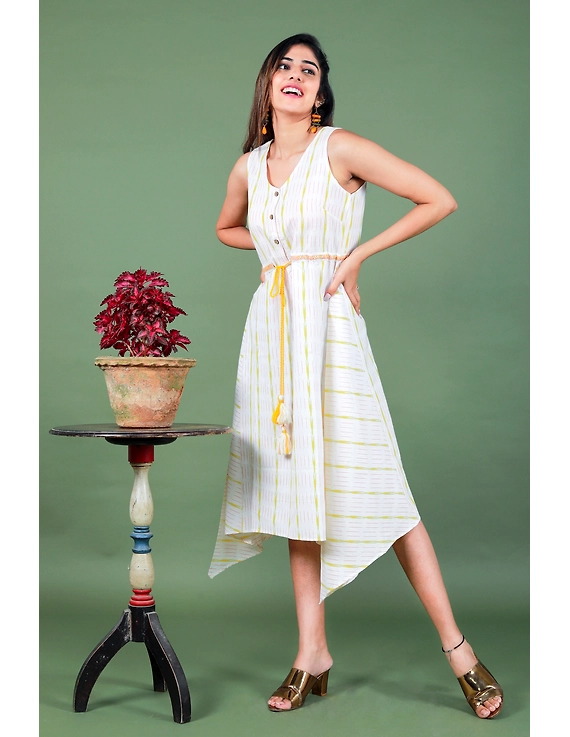 Sleeveless white ikat dress with embroidered belt:LD640A-LD640A-XXL