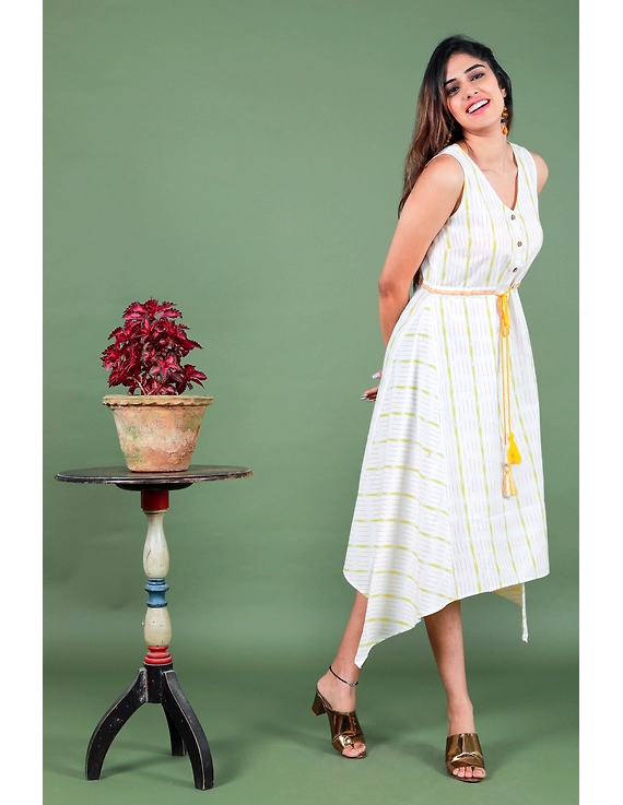 Sleeveless white ikat dress with embroidered belt:LD640A-XXL-3