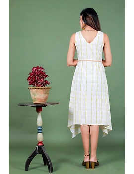 Sleeveless white ikat dress with embroidered belt:LD640A-XXL-5-sm