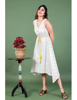 Sleeveless white ikat dress with embroidered belt:LD640A-XXL-4-sm