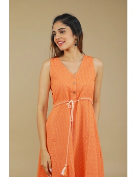 Sleeveless orange  ikat dress with embroidered belt:LD640B-L-1-sm