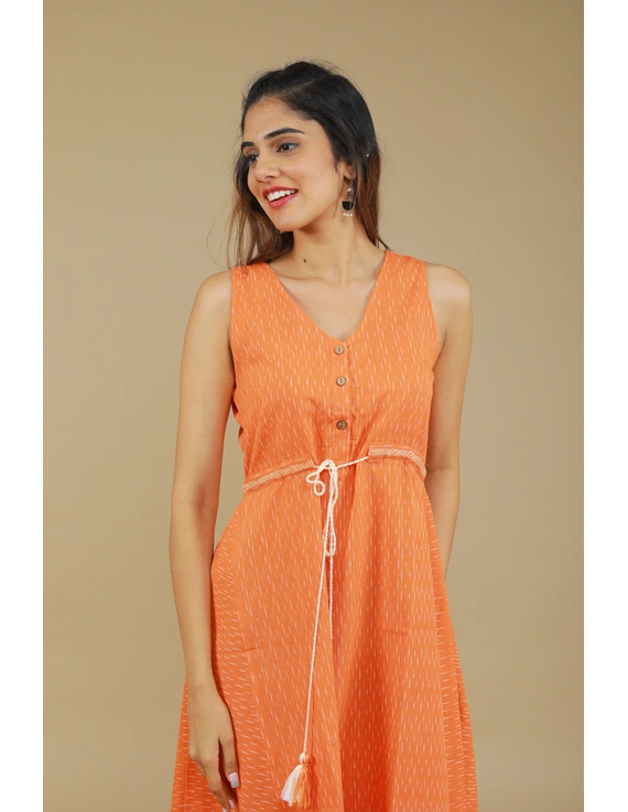 Sleeveless orange  ikat dress with embroidered belt:LD640B-M-1
