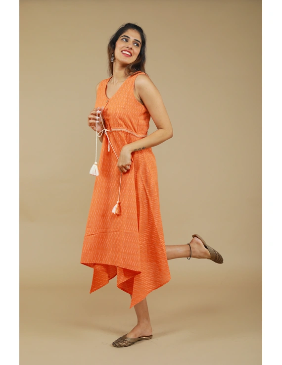 Sleeveless orange  ikat dress with embroidered belt:LD640B-M-2