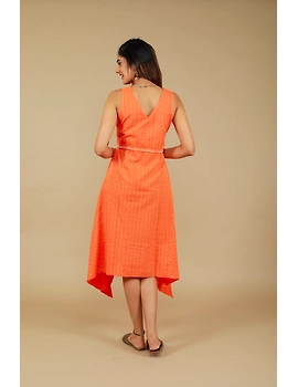 Sleeveless orange  ikat dress with embroidered belt:LD640B-M-3-sm
