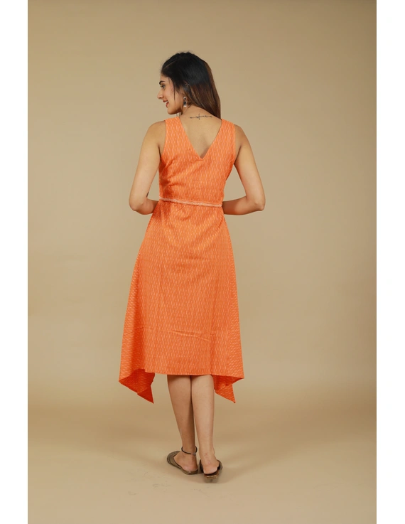 Sleeveless orange  ikat dress with embroidered belt:LD640B-XXL-3