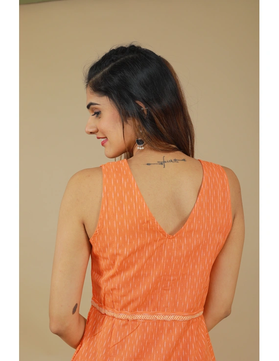 Sleeveless orange  ikat dress with embroidered belt:LD640B-XL-4